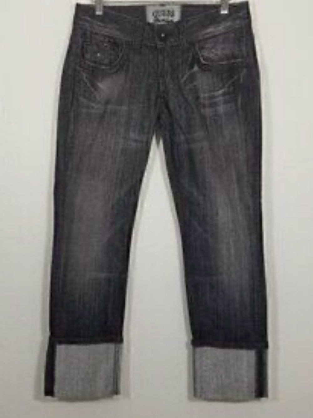 Guess Premium Low Rise straight leg washed black rhinestone embellished jeans 30